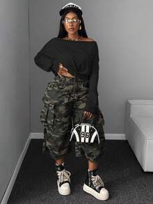 Maweii Sudadera de manga larga con hombros retorcidos, ajuste ceñido y cintura alta, estilo sexy para otoño temprano, talla grande - Negro - Ver 5