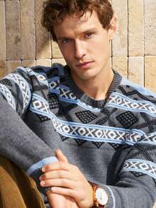 Manfinity Dauomo Suéter de cuello redondo tejido con estampado Fair Isle vintage para hombre - Multicolor - Ver 3