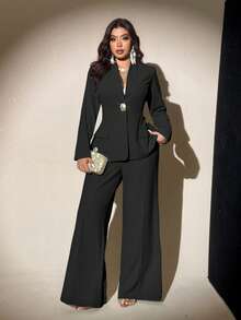 Viva Relle Plus Size Elegant Straight-Leg Pants Suit, Fashion Design, Suitable For Spring & Autumn