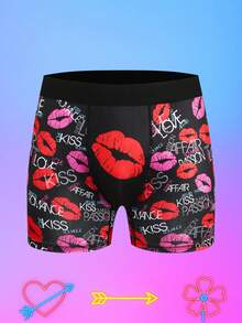 Notgurli Valentine's Day Lip Print Romantic Contrast Color Cartoon Graffiti Comic Street Style Family Party Men's Mid-Rise Briefs, Romantic Gift - Black - View 3