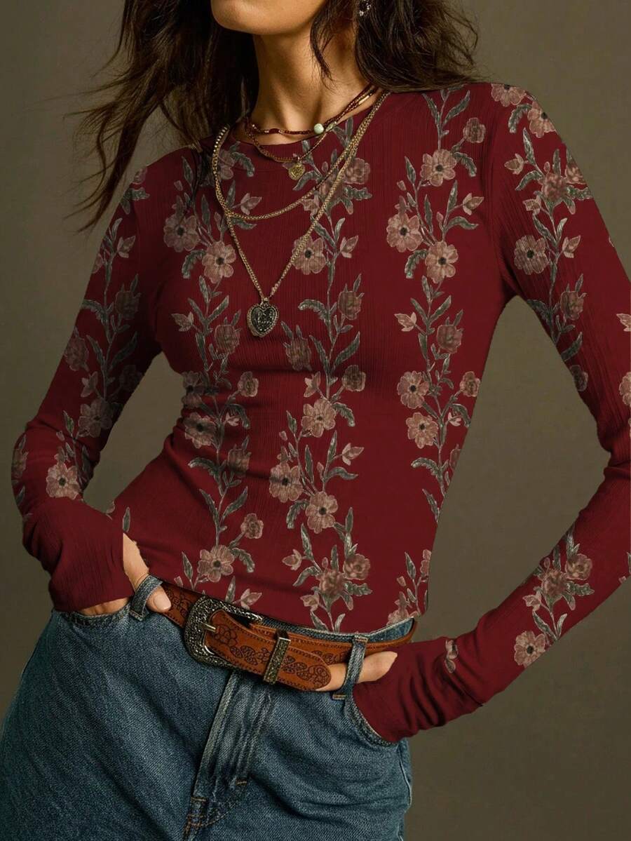 SoleilVie Áo thun dài tay cổ tròn in hoa mới mùa xuân hè, kiểu dáng retro, vintage, đa năng, phù hợp mặc đi làm, chất liệu mềm mại, thân thiện với da, thích hợp mặc ngoài trời, áo thun nữ màu đỏ mới, áo thun in hình Valentine - Màu Đỏ Sâu - Xem 1