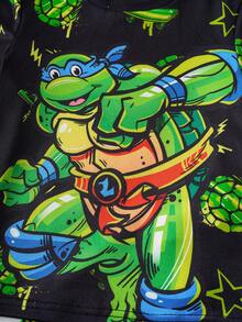 TEENAGE MUTANT NINJA TURTLES | SHEIN Bộ đồ ngủ ngắn tay và quần short in hình rùa hoạt hình dành cho bé trai, thích hợp cho mùa hè. - màu đen - Xem 7
