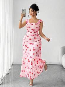 Elenzga Plus Size Women's French Romantic Pink Rose Print Off-Shoulder Dress, Plus Size Cinched Waist Pleated Mesh Maxi Dress, Elegant Fitted Slim Spaghetti Strap Dress 1XL, Suitable For Commute, Date, Vacation, Goddess Style - Pink - View 5