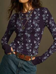 SoleilVie 春夏新款印花圆领休闲百搭长袖T恤，复古风，通勤百搭，柔软亲肤面料，适合户外穿着，新款女士T恤，情人节图案 - 藏蓝色 - 查看 4