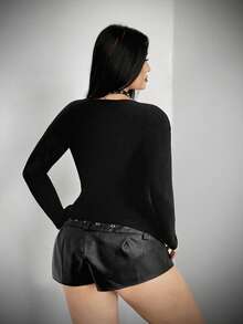 Whyspr 大码女士性感交叉网纱圆领长袖修身上衣