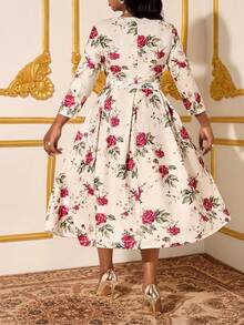 Fleurora Plus Size Women's Floral Print Round Neck 3/4 Sleeve Pocketed Pleated Elegant Party Dress