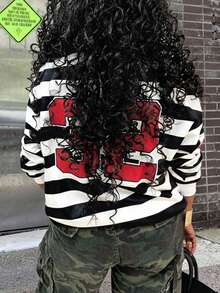 Rovax 加大码女式撞色印花长袖圆领卫衣 - 黑與白 - 查看 2