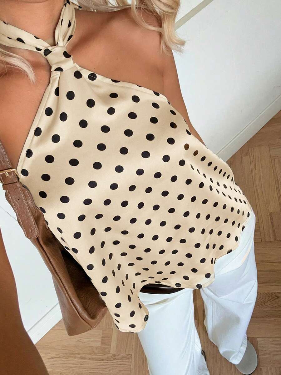SHEIN EZwear Women's Elegant Loose Halter Neck Tie Polka Dot Blouse - Apricot - View 1