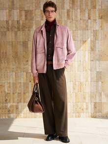 Manfinity Dauomo Áo khoác bomber cổ lông cừu họa tiết đồng xu cổ điển, áo khoác da lộn dành cho nam, trang phục dự tiệc, mùa thu/đông. - Bụi hồng - Xem 3
