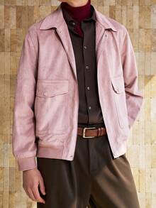 Manfinity Dauomo Áo khoác bomber cổ lông cừu họa tiết đồng xu cổ điển, áo khoác da lộn dành cho nam, trang phục dự tiệc, mùa thu/đông. - Bụi hồng - Xem 1