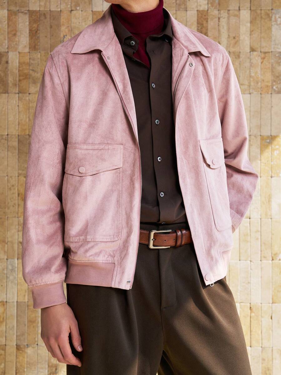 Manfinity Dauomo Áo khoác bomber cổ lông cừu họa tiết đồng xu cổ điển, áo khoác da lộn dành cho nam, trang phục dự tiệc, mùa thu/đông. - Bụi hồng - Xem 1