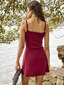 Aralina Robe mini décontractée à bretelles spaghetti et coupe évasée côtelée de couleur unie, pour vacances - Rouge - Voir 3