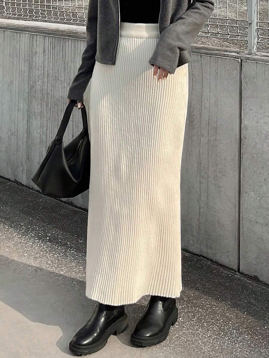 FRIFUL Women's Solid Dark Grey Ribbed Knit Elastic Waist Straight Skirt, Slimming, Suitable For Vacation, Autumn Women Clothing - Beige - View 1