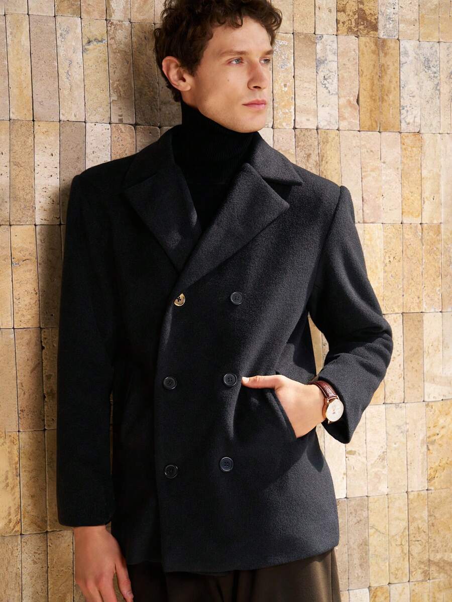 Manfinity Dauomo Áo khoác nam casual với khóa kim loại kiểu đồng xu cổ điển, thời trang, trang trí họa tiết. - màu đen - Xem 1