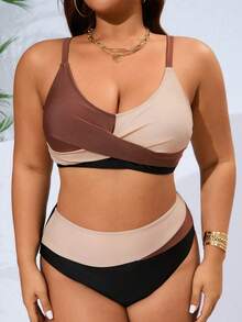 Swim Vcay Plus Size Colorblock Spaghetti Strap Two-Piece Bikini Sets Summer - Multicolor - View 6