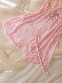 DelicateAllure 两件套粉色露背连衣裙，带蝴蝶结、荷叶边装饰，性感薄纱睡裙，女士款 - 粉色 - 查看 8