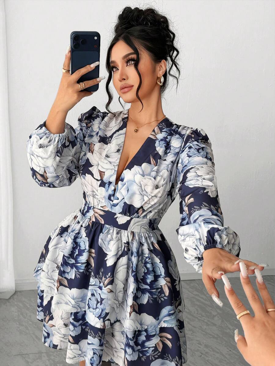 Elenzga Plus Size Women Floral V-Neck Puff Sleeve Double Ruffle Hem Dress Fall - Multicolor - View 1