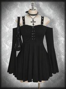 SHEIN ICON Plus Size Y2K Retro Punk Cross Strap Off Shoulder Flare Sleeve Dress, Metal Grommet Decor Dress Gothic Women Clothes Punk Dress Gothic Top Gothic Dress - Black - View 1