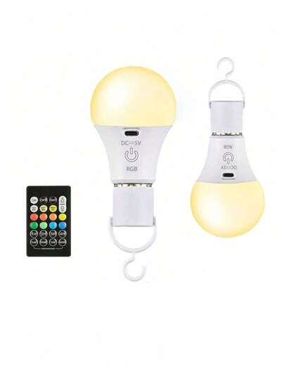 1pc Rechargeable LED Bulb With Remote Control, Smart RGB Color Changing Bulb With Hook, E26 Base, Suitable For Camping, Hiking, Fishing, Holidays, Car, College, Sports, Home, Party, Living Room, Bedroom, Music Festival, Hurricane Emergency, RGB Lighting, Long-Lasting Battery, Bright Bulb, Charging Protection, Uniform Illumination, Wide Lighting Coverage