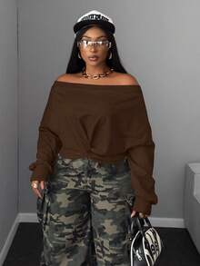 Maweii 初秋性感修身高腰露脐扭肩长袖卫衣，大码 - 咖啡棕 - 查看 6