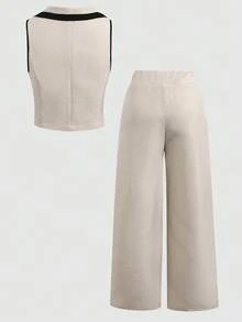 SHEIN 少女撞色翻领背心和阔腿裤两件套 - 卡其色 - 查看 3