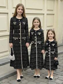 Teen Girl Bow Collar Metal Buckle Deco Long Sleeve A-Line Maxi Elegant Dress, Elegant Plaid Mid Dress, Elegant Black Dress, Suitable For Casual Daily Wear Girls Matching Dresses - Black - View 13