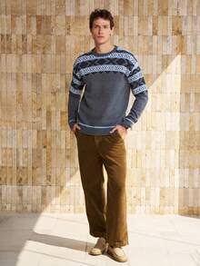 Manfinity Dauomo Suéter de cuello redondo tejido con estampado Fair Isle vintage para hombre - Multicolor - Ver 2