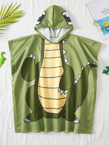 SHEIN 1件装 男童街头风可爱恐龙印花连帽泳衣罩衫，适合外出、度假、游泳、泡温泉、泳装罩衫 - 綠色 - 查看 2
