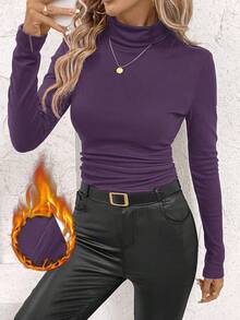 SHEIN Clasi 女士立领收腰抓绒保暖T恤 - 紫色 - 查看 3