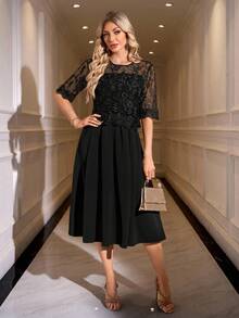 SHEIN Clasi Đầm ren thanh lịch cổ tròn tay ngắn dành cho nữ - màu đen - Xem 4