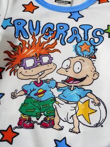 Nick 90s | SHEIN Baby Boy Cute Cartoon Character & Star Letter Graphic Contrast Binding Short Sleeve Comfortable Romper, Summer - Blue and White - View 5