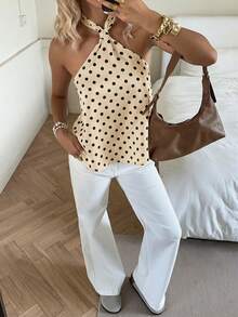 SHEIN EZwear Women's Elegant Loose Halter Neck Tie Polka Dot Blouse - Apricot - View 6