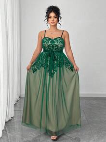 Elenzga Plus Size Dark Green Spaghetti Strap A Line Long Dress With Plants Pattern For Party - Dark Green - View 3