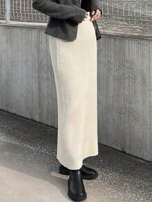 FRIFUL Women's Solid Dark Grey Ribbed Knit Elastic Waist Straight Skirt, Slimming, Suitable For Vacation, Autumn Women Clothing - Beige - View 4