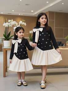 1pc Girls Young Girl Autumn New 2025 Black Round Neck Asymmetric Hem Splice Apricot Front Beaded Bow Detachable Elegant Princess Dress
