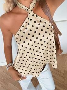 SHEIN EZwear Women's Elegant Loose Halter Neck Tie Polka Dot Blouse - Apricot - View 4