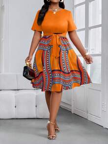 SHEIN Lady Đầm midi tay ngắn dáng suông, thắt eo, cổ tròn, kiểu dáng boho, thanh lịch, thích hợp cho công sở mùa xuân và hè, cỡ lớn. - Nhiều màu - Xem 5