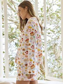 Aralina Women's Fruit & Burger Print Long Sleeve Button-Up Top And Pants Pajama Set - Multicolor - View 2