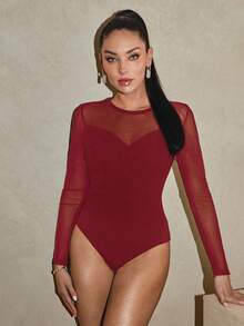 Lavishia Women's Solid Color Mesh Patchwork Sheer Long Sleeve Bodysuit - Burgundy - View 6