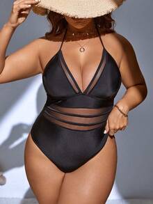 Swim SXY Summer Beach Plus Contrast Mesh Halter One Piece Swimsuit - Black - View 3