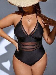 Swim SXY Summer Beach Plus Contrast Mesh Halter One Piece Swimsuit - Black - View 1