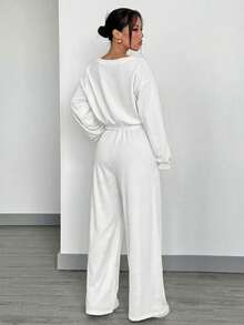 SHEIN EZwear 两件套针织女式斜肩上衣和裤子套装 - 白色 - 查看 2