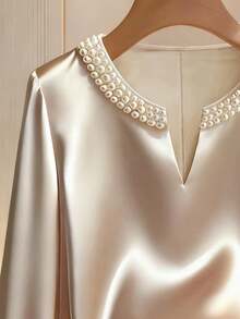 Franclia Women's Champagne-Colored Elegant Round Neck V-Neck Long-Sleeved Shirt With Pearl Embellishments, Satin Fabric, Loose Fit, Suitable For Commuting, Everyday Elegance.Winter For Women,Christmas,New Year ,White For New Year's Eve,Party,Beach,Elegant,Casual For Women,Romance, Valentine's Day, Dating,Graduation Season Attire, Fashionable Casual Commuter Wear, Business Office Wear, Versatile And Stylish Everyday Casual Wear, Urban Teacher's Professional Attire