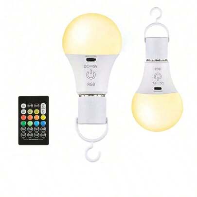 1 Stück wiederaufladbare LED-Glühbirne mit Fernbedienung, intelligente RGB-Farbwechsel-Glühbirne mit Haken, E26-Sockel, geeignet für Camping, Wandern, Angeln, Feiertage, Auto, College, Sport, Zuhause, Party, Wohnzimmer, Schlafzimmer, Musikfestival, Hurrikan-Notfall, RGB-Beleuchtung, langanhaltend Akku, helle Glühbirne, Ladeschutz, gleichmäßige Ausleuchtung, breite Beleuchtungsabdeckung