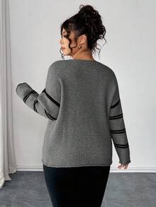 Elenzga Plus Size Women Sweater, Knitted Hollow Out Ribbed Hem Colorblock Striped Long Sleeve Pullover Casual Versatile Sweater Plus Size Sweaters Sweater Top - Dark Grey - View 2