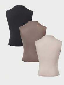 SHEIN LUNE 3-Pack Women's V-Neck Solid Color Sleeveless Casual Tank Tops - Multicolor - View 2