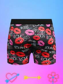 Notgurli Valentine's Day Lip Print Romantic Contrast Color Cartoon Graffiti Comic Street Style Family Party Men's Mid-Rise Briefs, Romantic Gift - Black - View 2