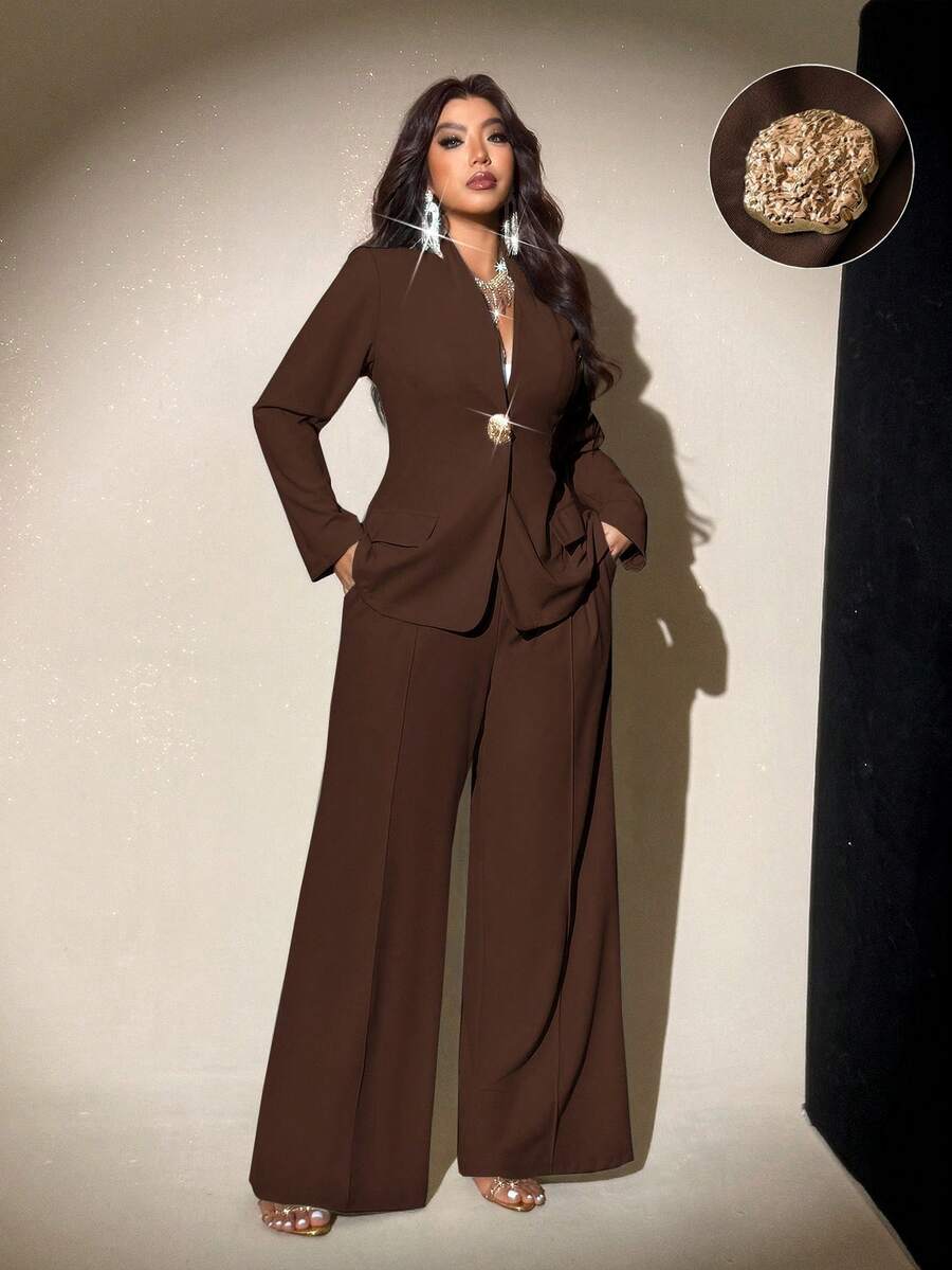 Viva Relle Plus Size Elegant Straight-Leg Pants Suit, Fashionable Design, Suitable For Spring And Autumn - Brown - View 1