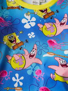 SpongeBob SquarePants | SHEIN Baby Boy Comfortable Cute Cartoon Pattern Crew Neck Long Sleeve Top And Pants Pajama Set, Autumn - Blue - View 4