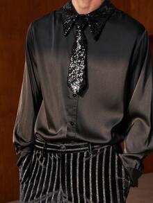 Airaco 亮片装饰领长袖衬衫，时尚男士设计，适合派对穿着 - 黑色 - 查看 1